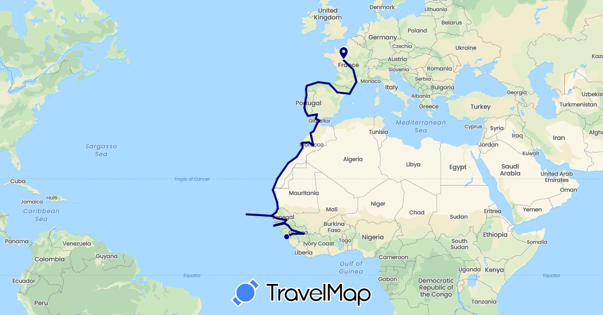 TravelMap itinerary: driving, plane in Cape Verde, Spain, France, Gibraltar, Guinea, Morocco, Mauritania, Portugal, Senegal (Africa, Europe)